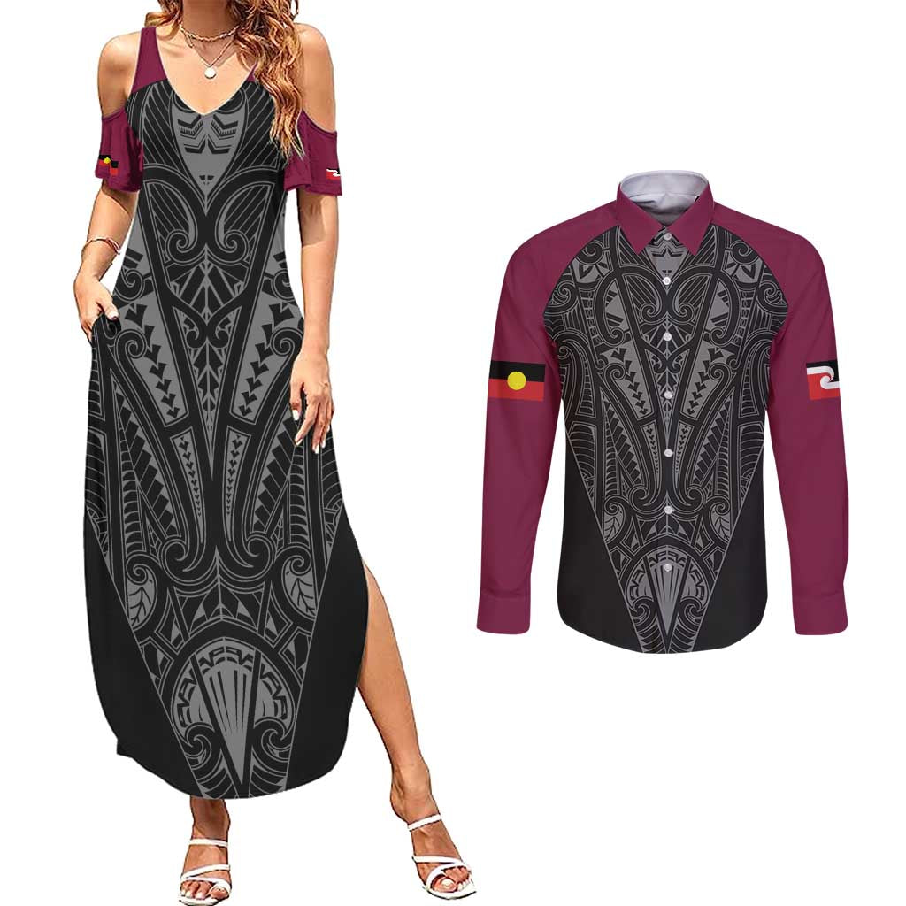 Queensland Maori Rugby Nga Hau e Wha Couples Matching Summer Maxi Dress and Long Sleeve Button Shirt Maroon Motif