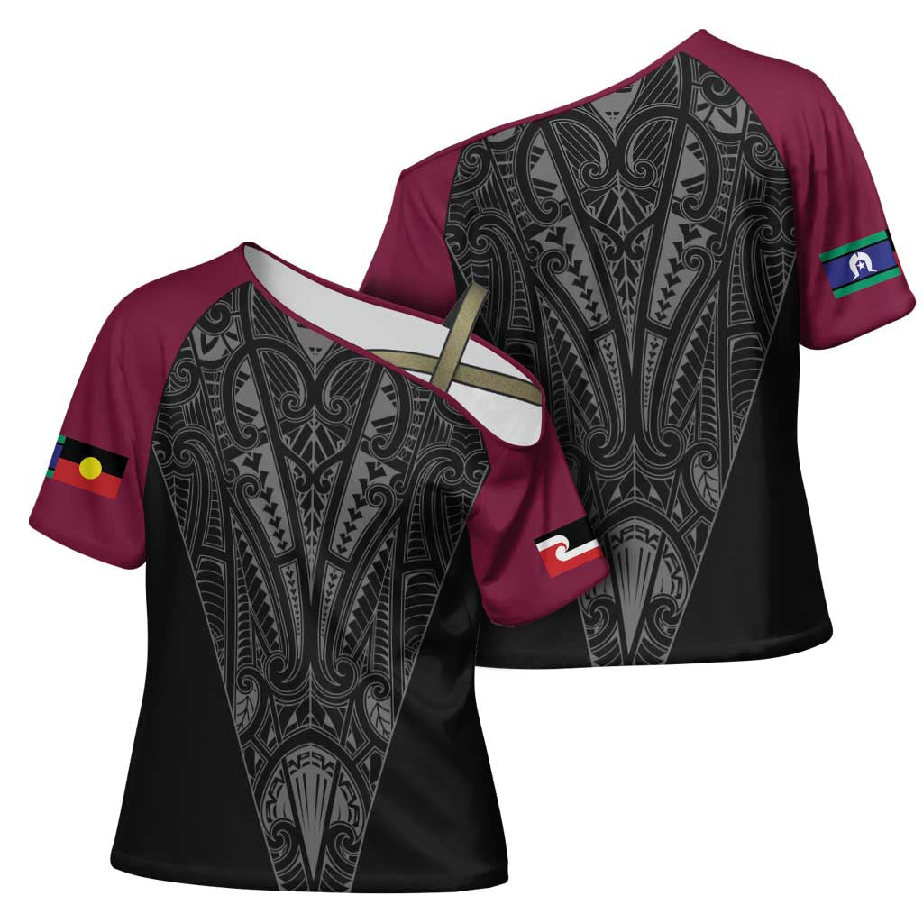 Queensland Maori Rugby Nga Hau e Wha Cross Shoulder Shirt Maroon Motif - Polynesian Pride
