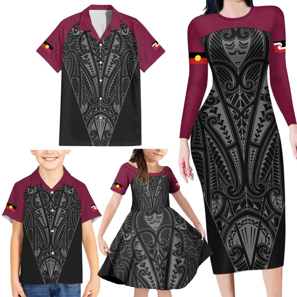 Queensland Maori Rugby Nga Hau e Wha Family Matching Long Sleeve Bodycon Dress and Hawaiian Shirt Maroon Motif