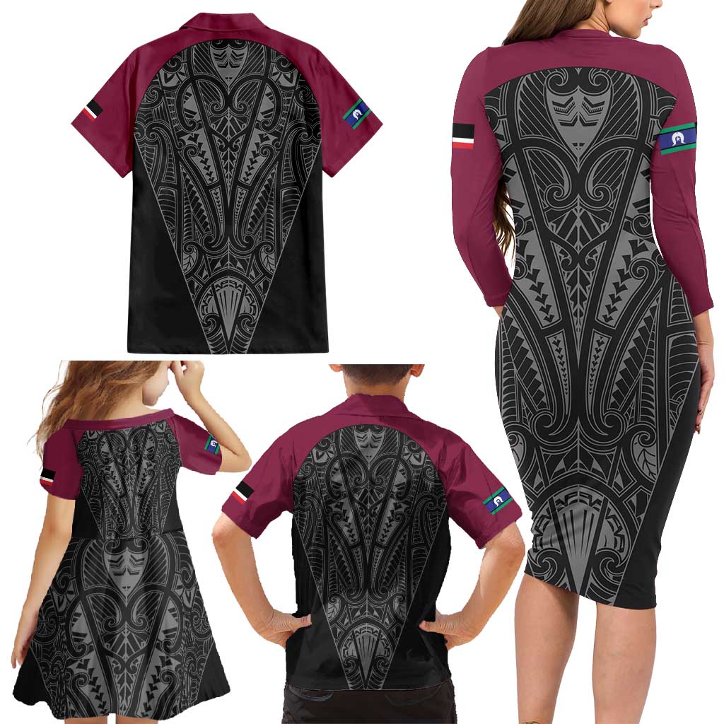 Queensland Maori Rugby Nga Hau e Wha Family Matching Long Sleeve Bodycon Dress and Hawaiian Shirt Maroon Motif
