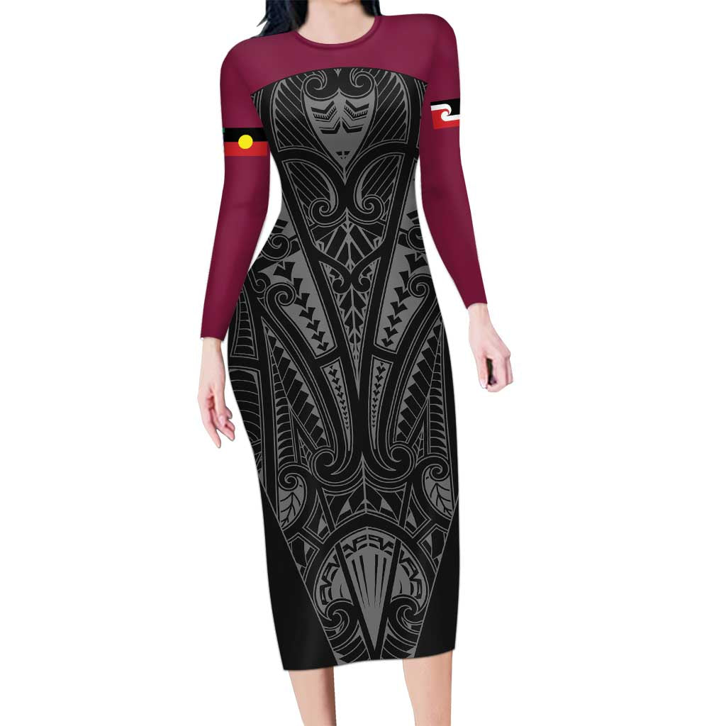 Queensland Maori Rugby Nga Hau e Wha Family Matching Long Sleeve Bodycon Dress and Hawaiian Shirt Maroon Motif