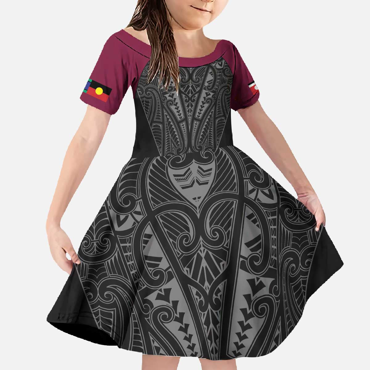 Queensland Maori Rugby Nga Hau e Wha Family Matching Off The Shoulder Long Sleeve Dress and Hawaiian Shirt Maroon Motif