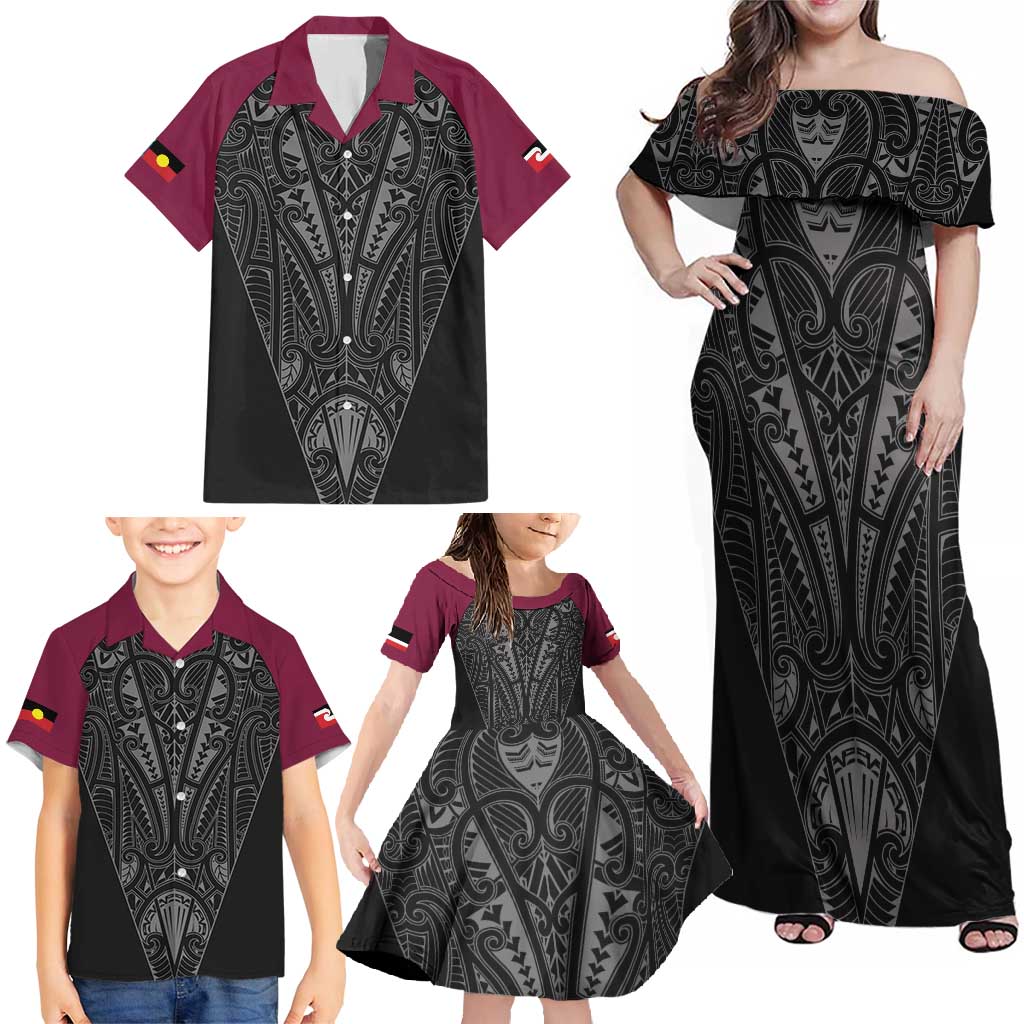Queensland Maori Rugby Nga Hau e Wha Family Matching Off Shoulder Maxi Dress and Hawaiian Shirt Maroon Motif
