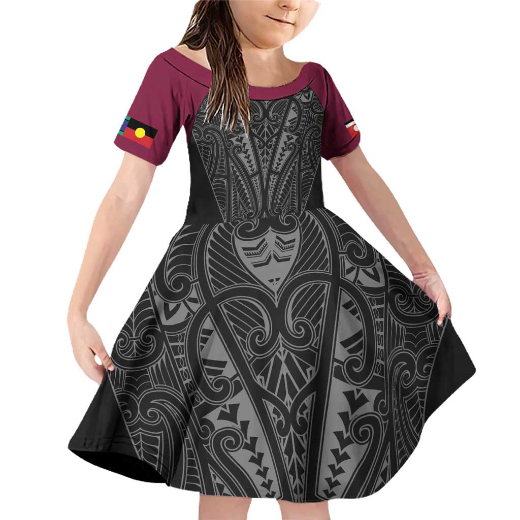 Queensland Maori Rugby Nga Hau e Wha Family Matching Off Shoulder Short Dress and Hawaiian Shirt Maroon Motif