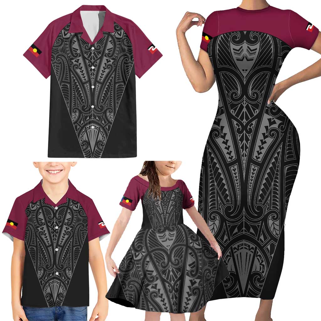 Queensland Maori Rugby Nga Hau e Wha Family Matching Short Sleeve Bodycon Dress and Hawaiian Shirt Maroon Motif