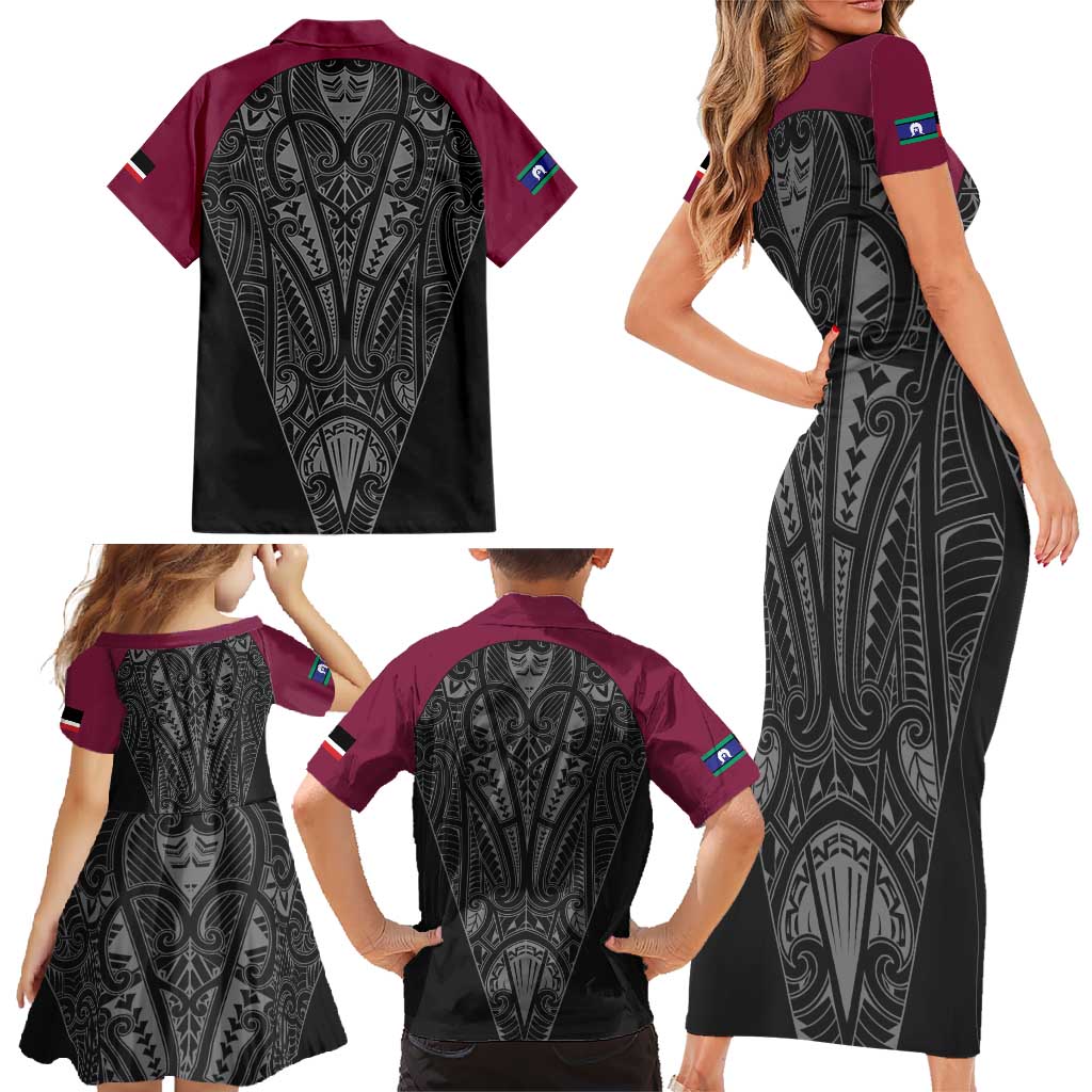 Queensland Maori Rugby Nga Hau e Wha Family Matching Short Sleeve Bodycon Dress and Hawaiian Shirt Maroon Motif