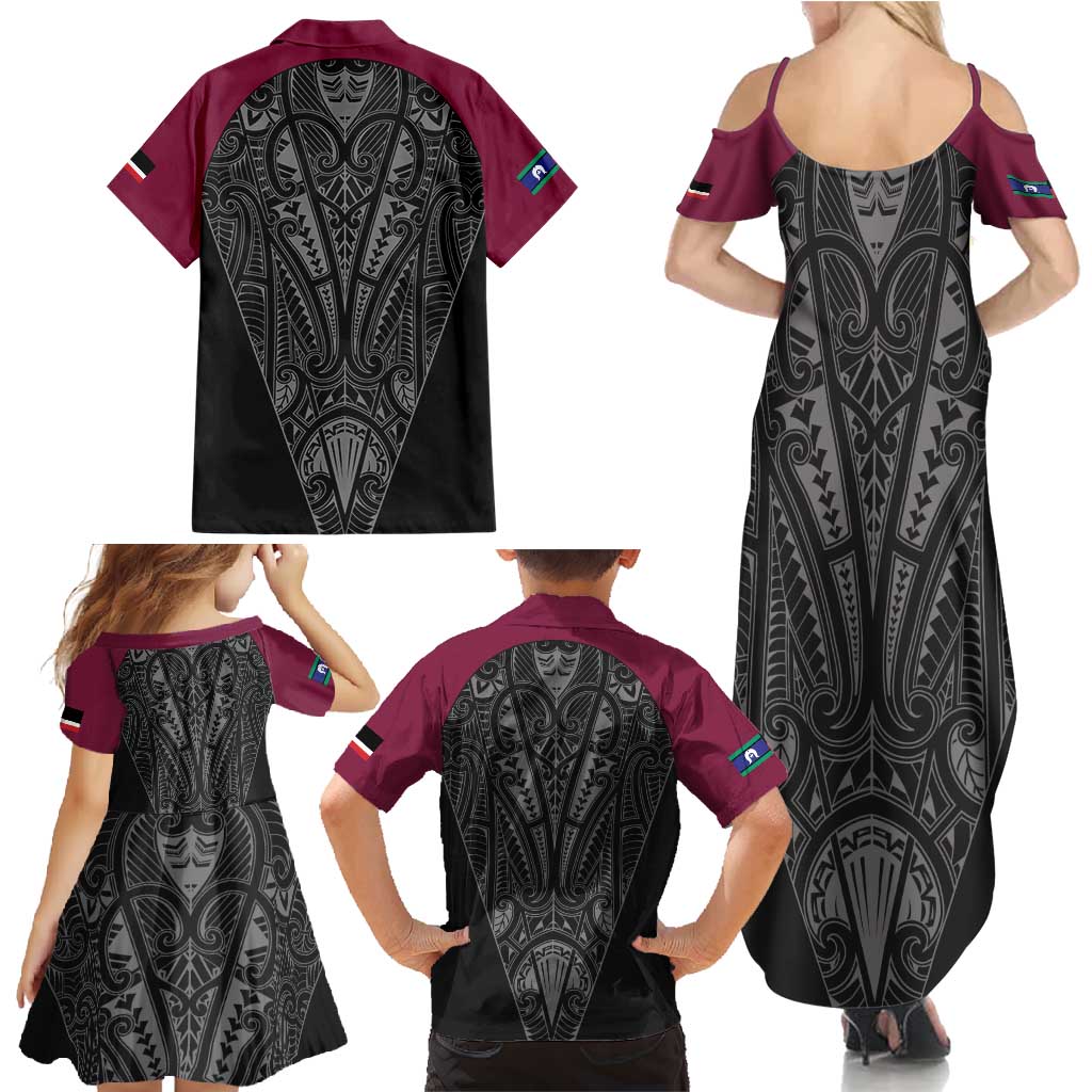 Queensland Maori Rugby Nga Hau e Wha Family Matching Summer Maxi Dress and Hawaiian Shirt Maroon Motif