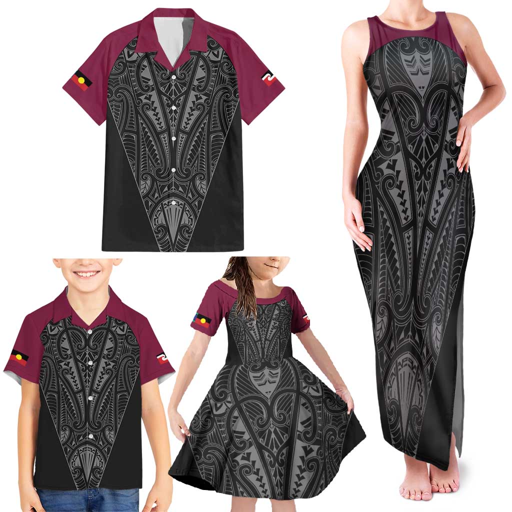 Queensland Maori Rugby Nga Hau e Wha Family Matching Tank Maxi Dress and Hawaiian Shirt Maroon Motif
