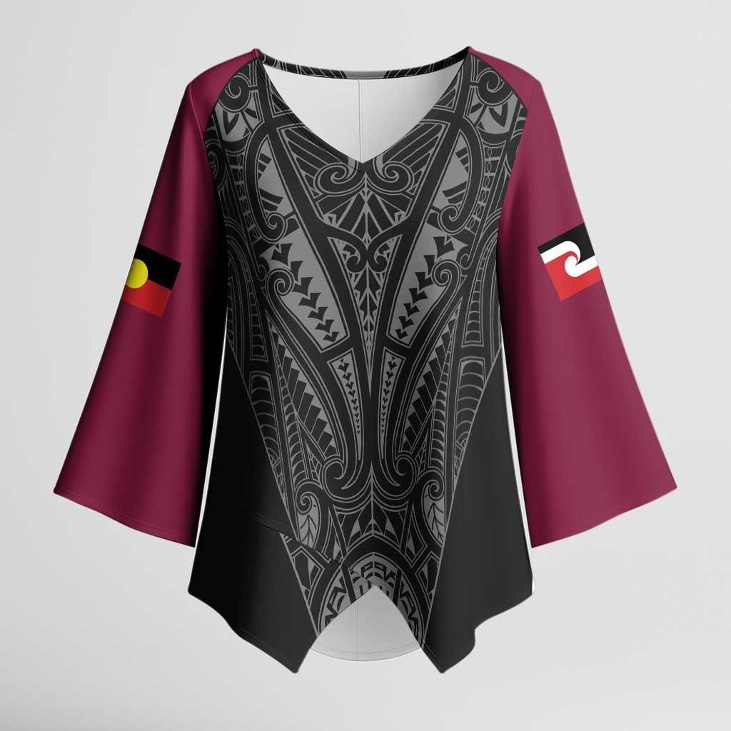 Queensland Maori Rugby Nga Hau e Wha Kimono Sleeve Blouse Maroon Motif - Polynesian Pride