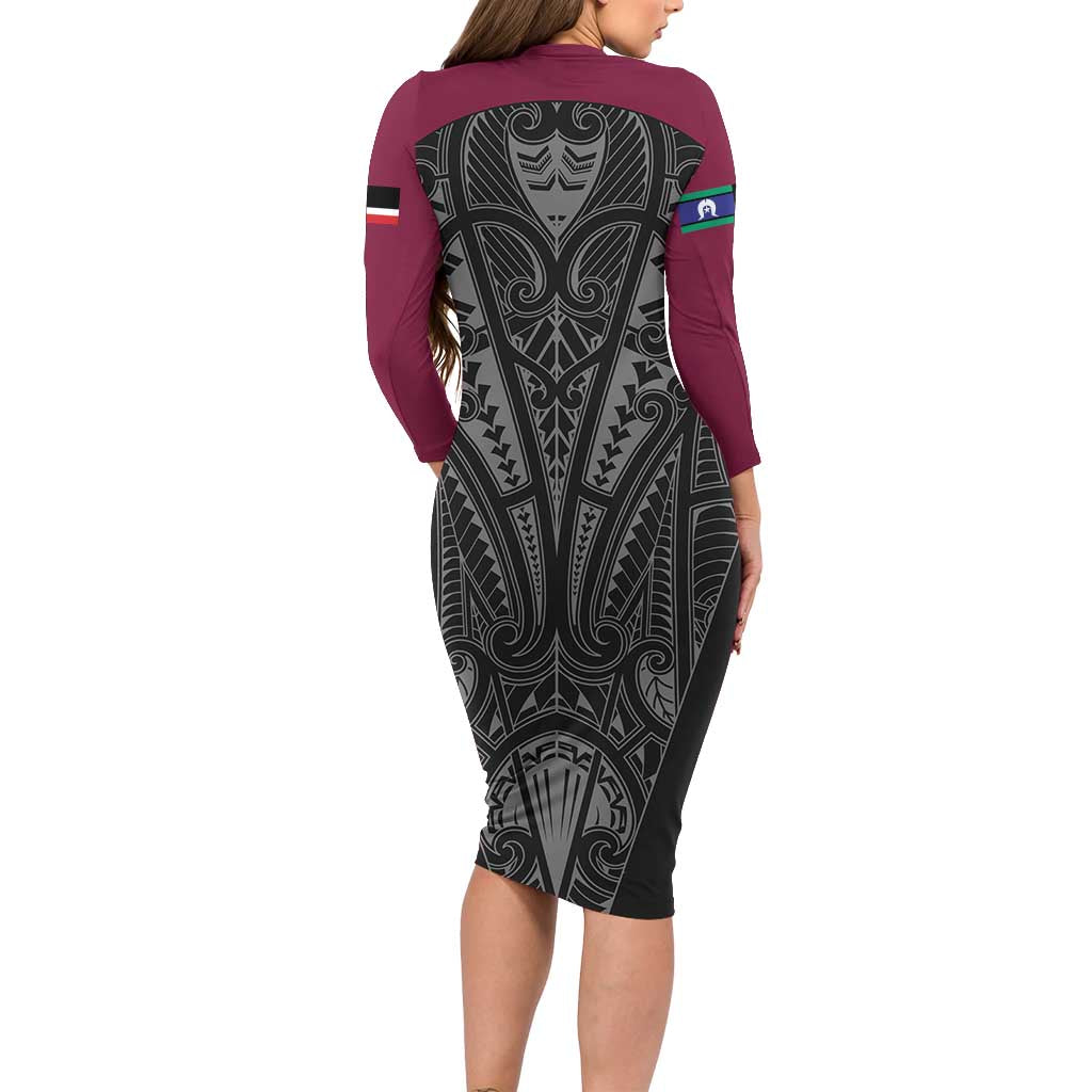 Queensland Maori Rugby Nga Hau e Wha Long Sleeve Bodycon Dress Maroon Motif
