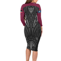 Queensland Maori Rugby Nga Hau e Wha Long Sleeve Bodycon Dress Maroon Motif