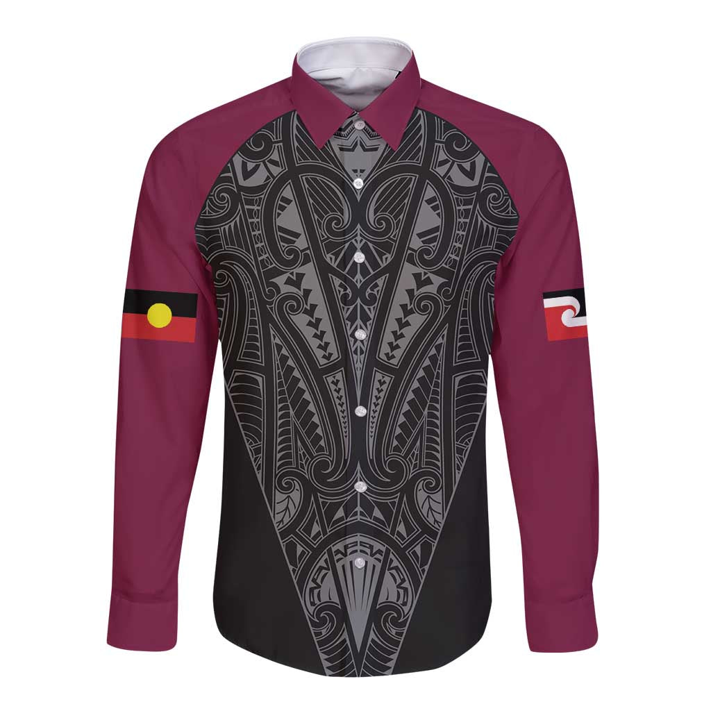 Queensland Maori Rugby Nga Hau e Wha Long Sleeve Button Shirt Maroon Motif