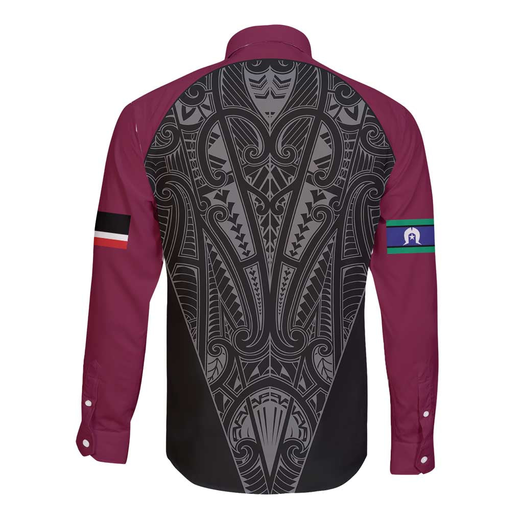 Queensland Maori Rugby Nga Hau e Wha Long Sleeve Button Shirt Maroon Motif