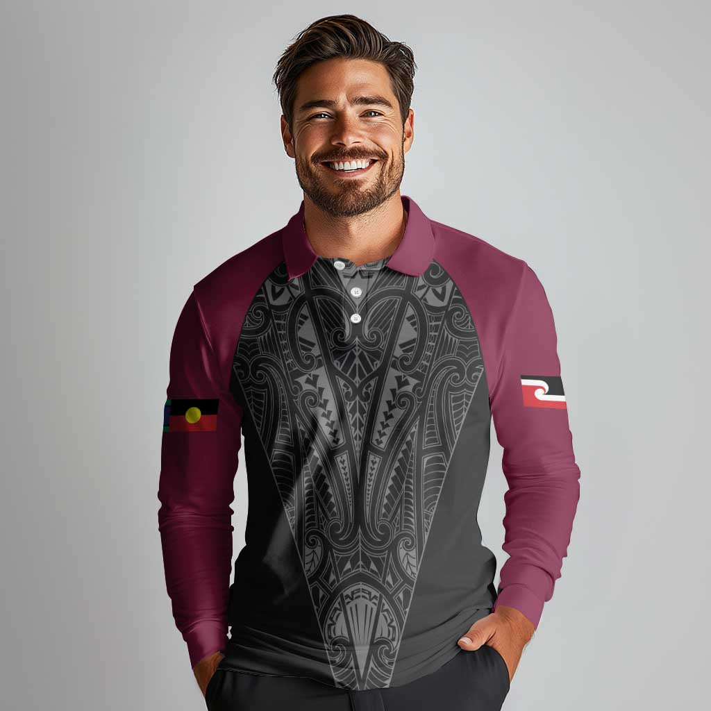 Queensland Maori Rugby Nga Hau e Wha Long Sleeve Polo Shirt Maroon Motif