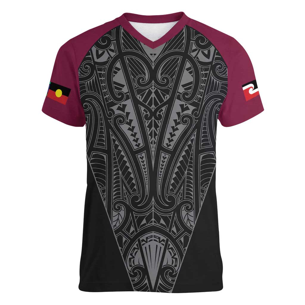Queensland Maori Rugby Nga Hau e Wha Women V-Neck T-Shirt Maroon Motif