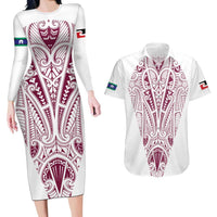 Queensland Maori Rugby Nga Hau e Wha Couples Matching Long Sleeve Bodycon Dress and Hawaiian Shirt White Motif