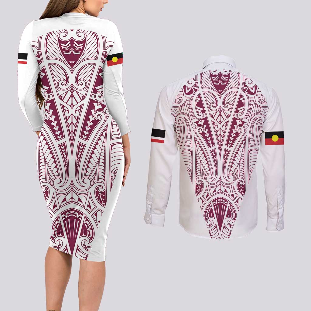 Queensland Maori Rugby Nga Hau e Wha Couples Matching Long Sleeve Bodycon Dress and Long Sleeve Button Shirt White Motif