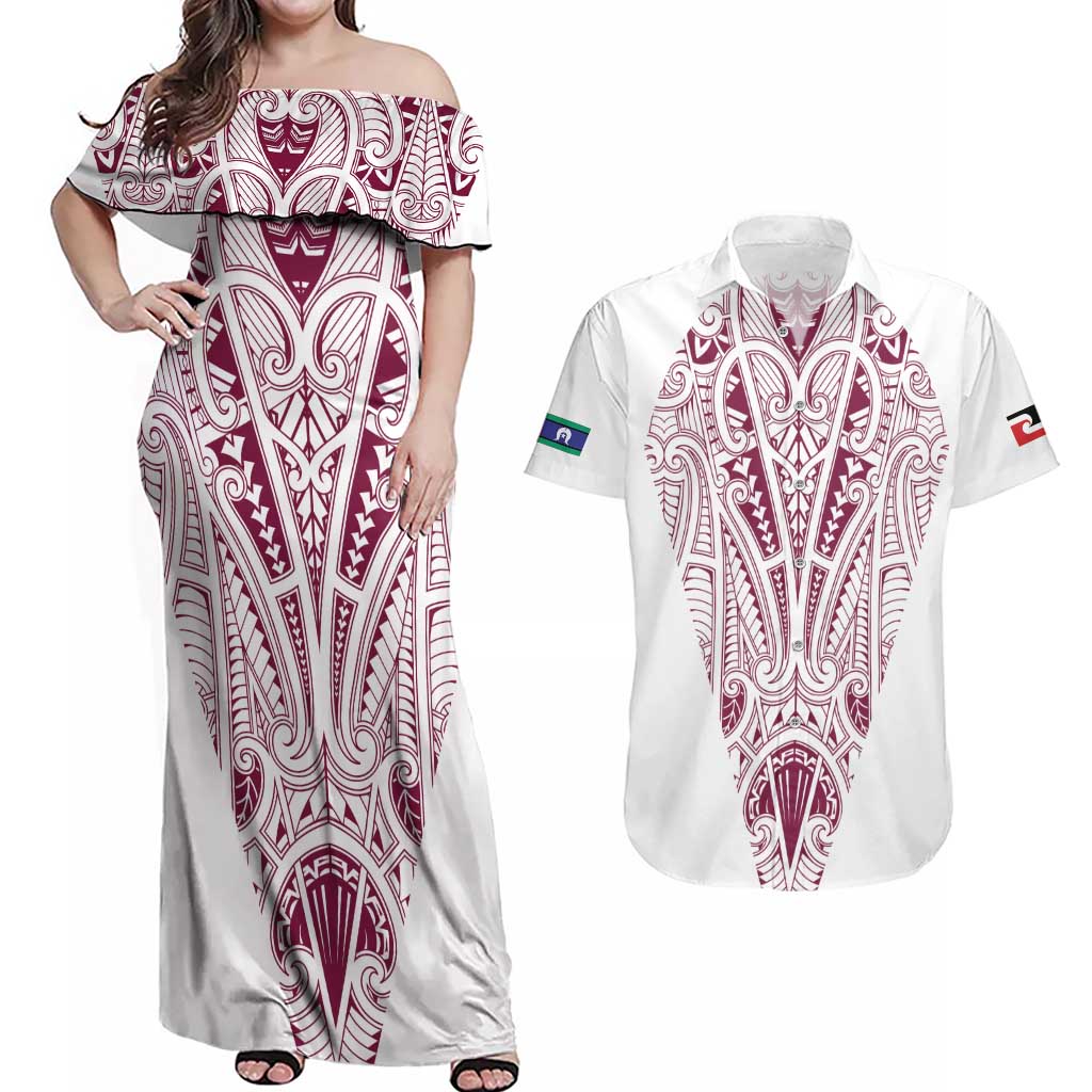 Queensland Maori Rugby Nga Hau e Wha Couples Matching Off Shoulder Maxi Dress and Hawaiian Shirt White Motif