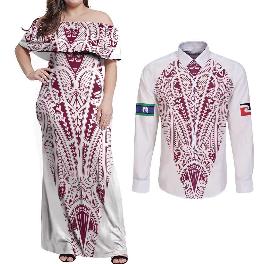 Queensland Maori Rugby Nga Hau e Wha Couples Matching Off Shoulder Maxi Dress and Long Sleeve Button Shirt White Motif