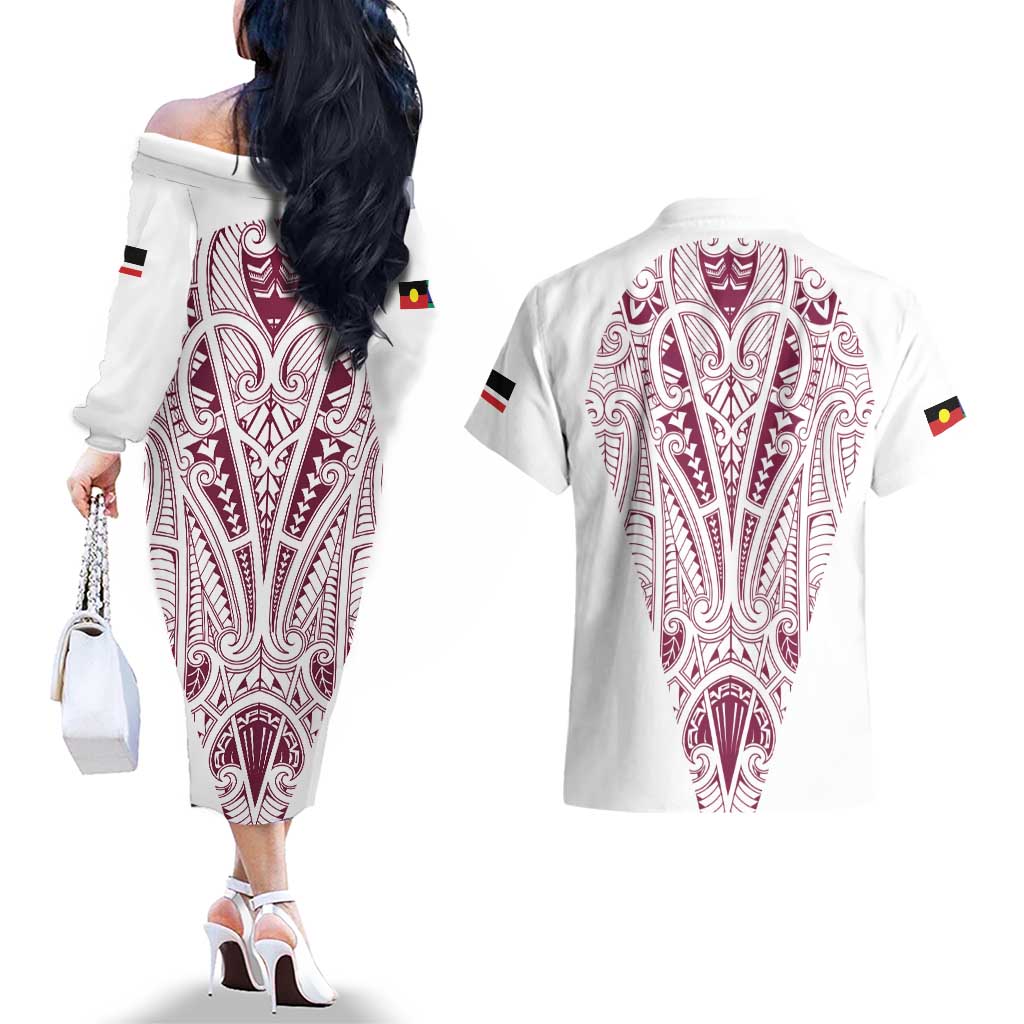 Queensland Maori Rugby Nga Hau e Wha Couples Matching Off The Shoulder Long Sleeve Dress and Hawaiian Shirt White Motif