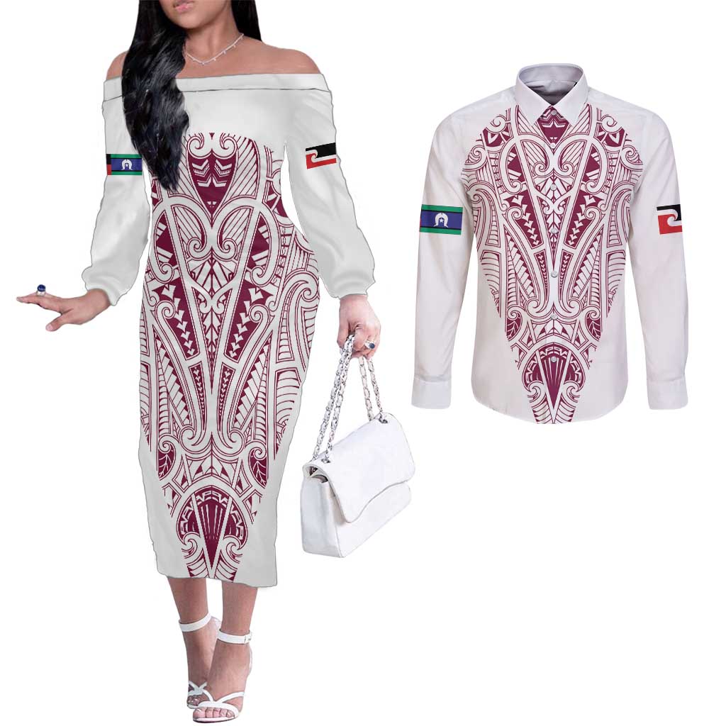 Queensland Maori Rugby Nga Hau e Wha Couples Matching Off The Shoulder Long Sleeve Dress and Long Sleeve Button Shirt White Motif
