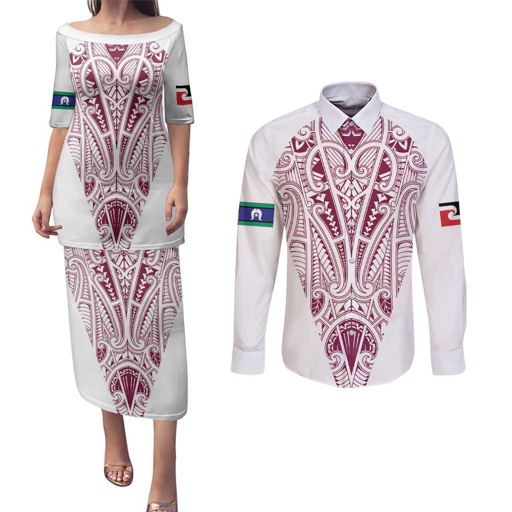 Queensland Maori Rugby Nga Hau e Wha Couples Matching Puletasi and Long Sleeve Button Shirt White Motif