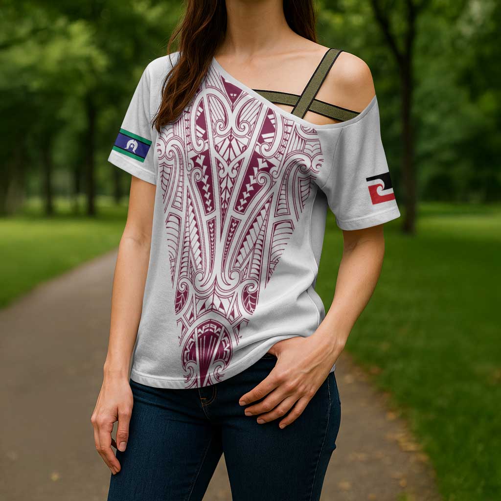 Queensland Maori Rugby Nga Hau e Wha Cross Shoulder Shirt White Motif - Polynesian Pride