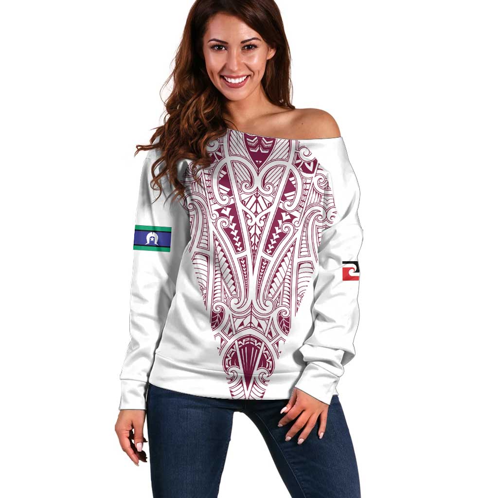 Queensland Maori Rugby Nga Hau e Wha Off Shoulder Sweater White Motif