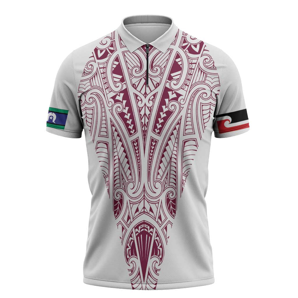 Queensland Maori Rugby Nga Hau e Wha Zipper Polo Shirt White Motif - Polynesian Pride