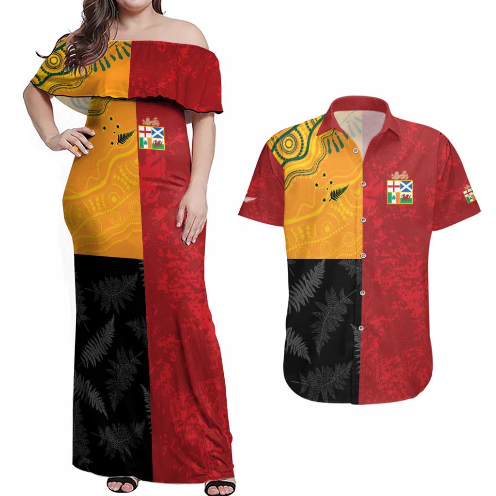 Custom British Lions-AUNZ Couples Matching Off Shoulder Maxi Dress and Hawaiian Shirt Australia-New Zealand Indigenous Motif