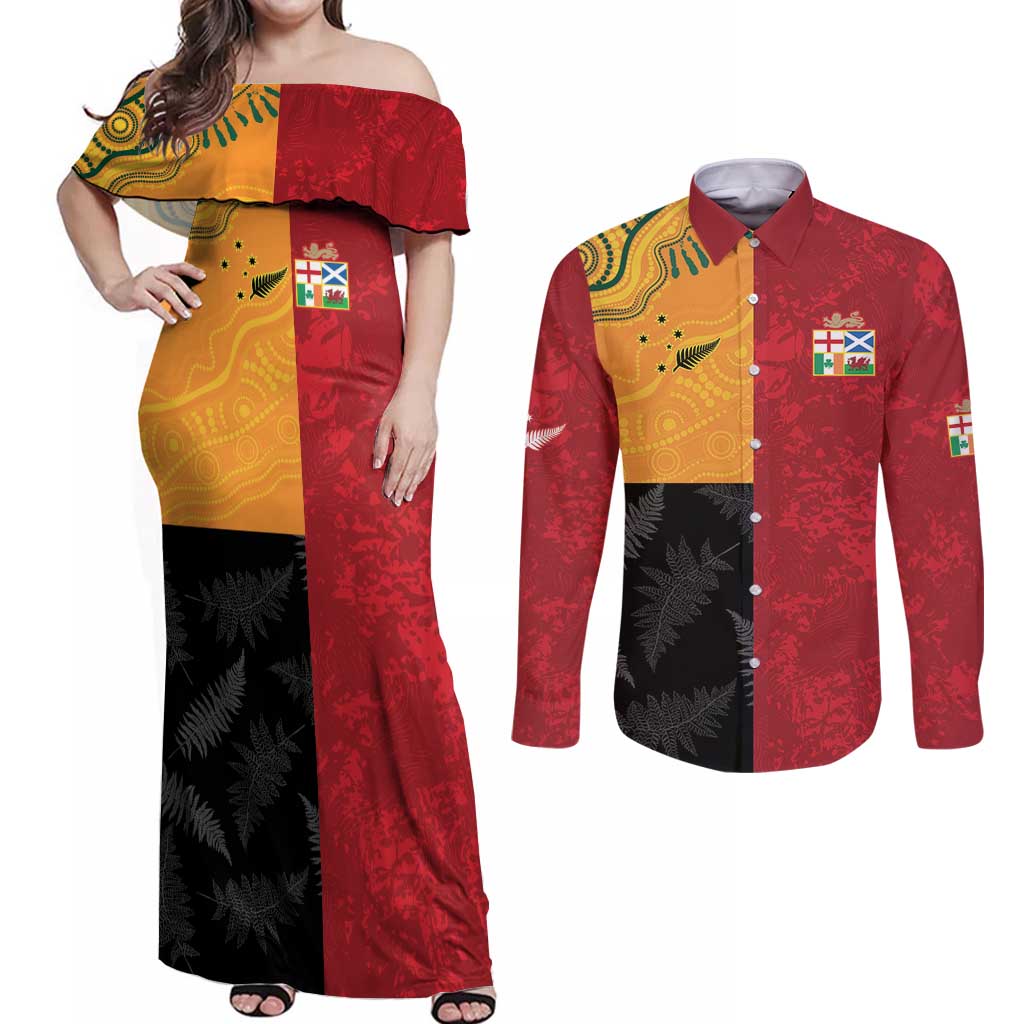 Custom British Lions-AUNZ Couples Matching Off Shoulder Maxi Dress and Long Sleeve Button Shirt Australia-New Zealand Indigenous Motif