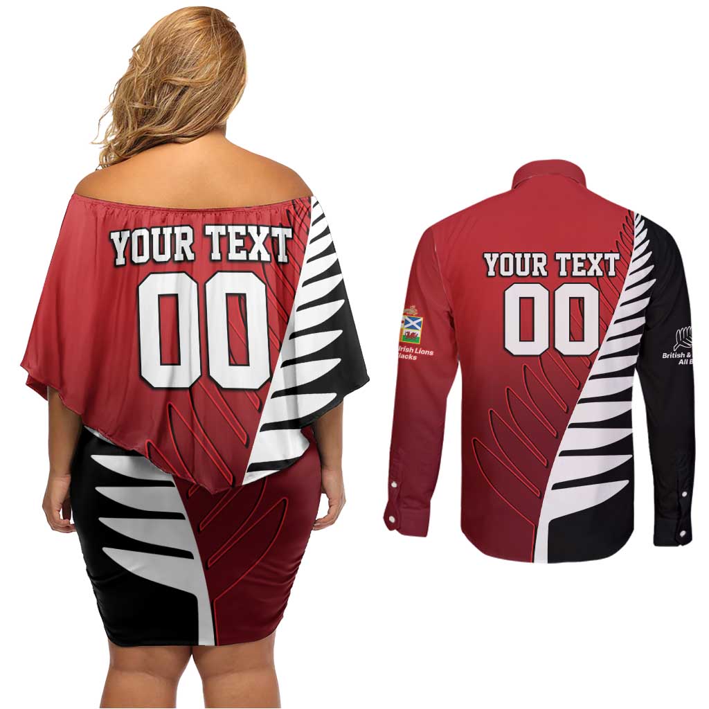 Custom British Lions New Zealand Couples Matching Off Shoulder Short Dress and Long Sleeve Button Shirt Half Black Fern