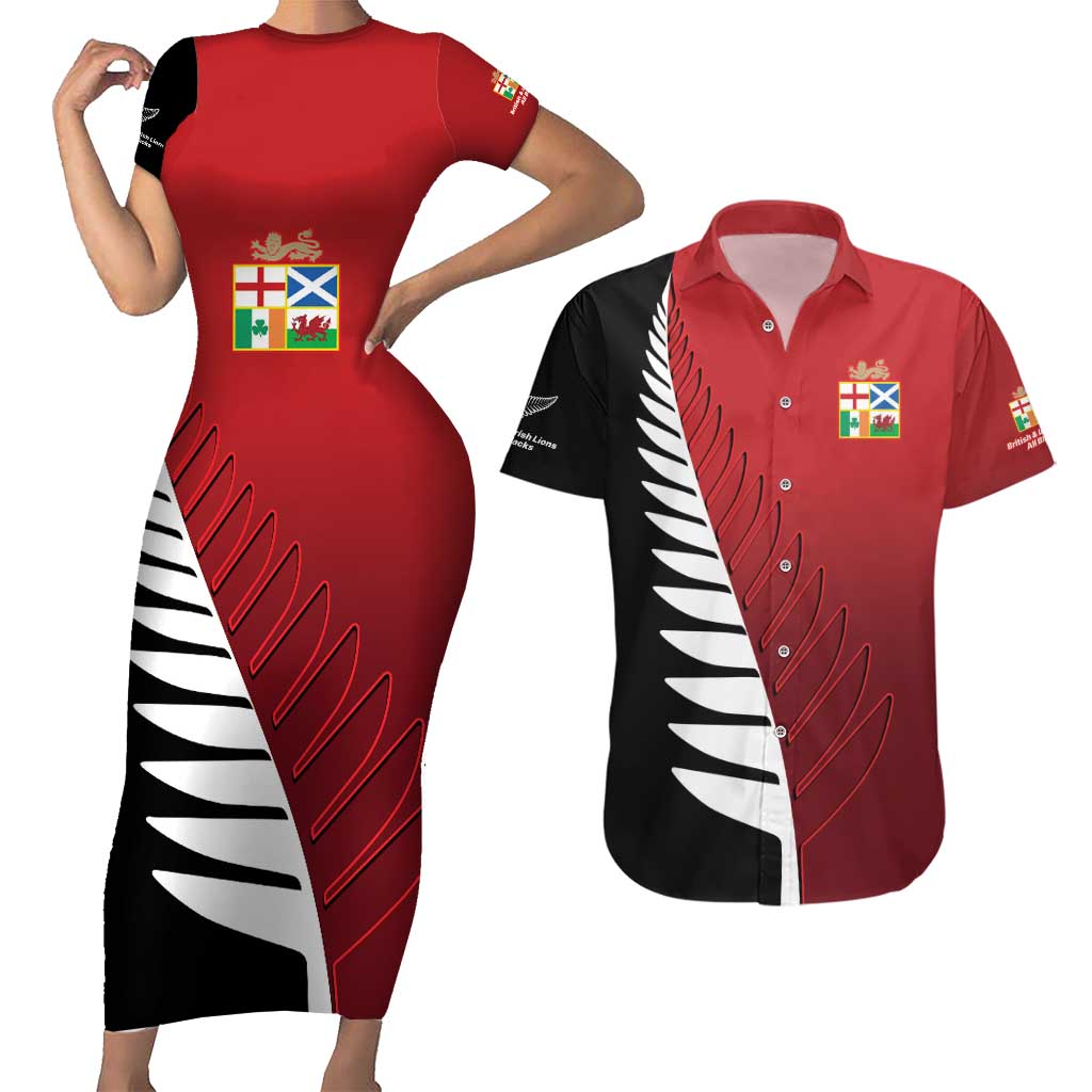 Custom British Lions New Zealand Couples Matching Short Sleeve Bodycon Dress and Hawaiian Shirt Half Black Fern