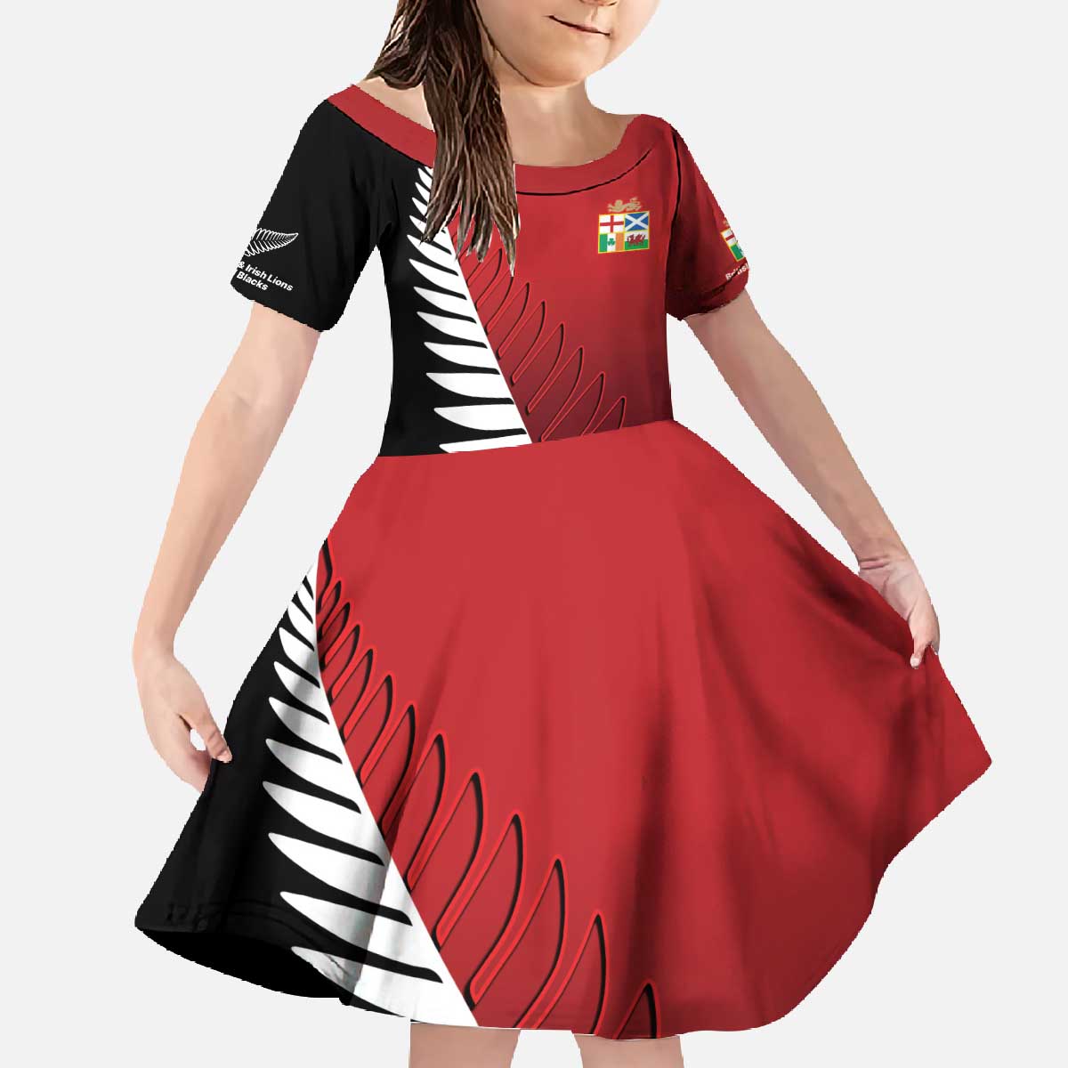 Custom British Lions New Zealand Family Matching Off The Shoulder Long Sleeve Dress and Hawaiian Shirt Half Black Fern