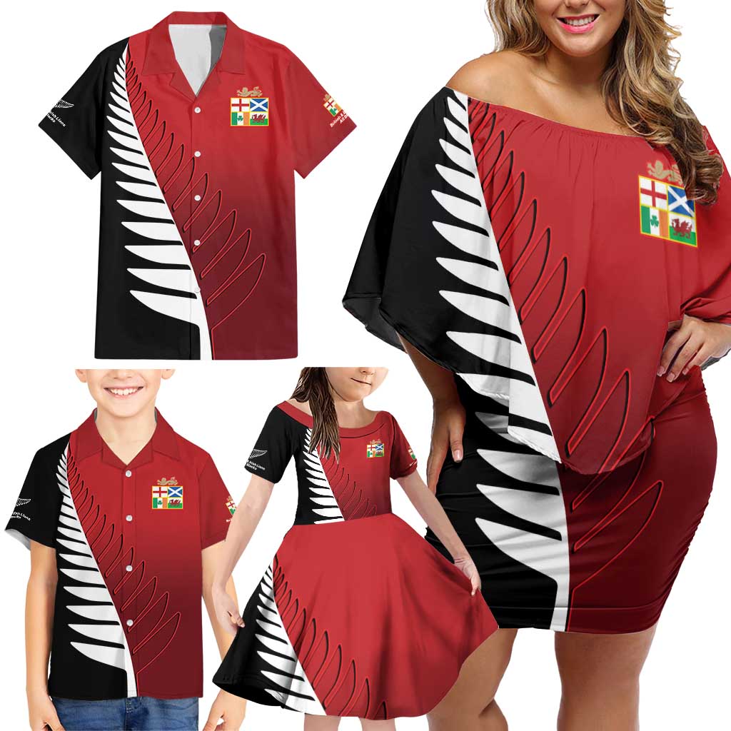 Custom British Lions New Zealand Family Matching Off Shoulder Short Dress and Hawaiian Shirt Half Black Fern
