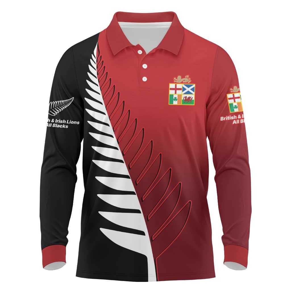 Custom British Lions New Zealand Long Sleeve Polo Shirt Half Black Fern