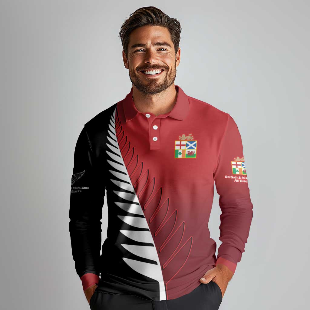 Custom British Lions New Zealand Long Sleeve Polo Shirt Half Black Fern