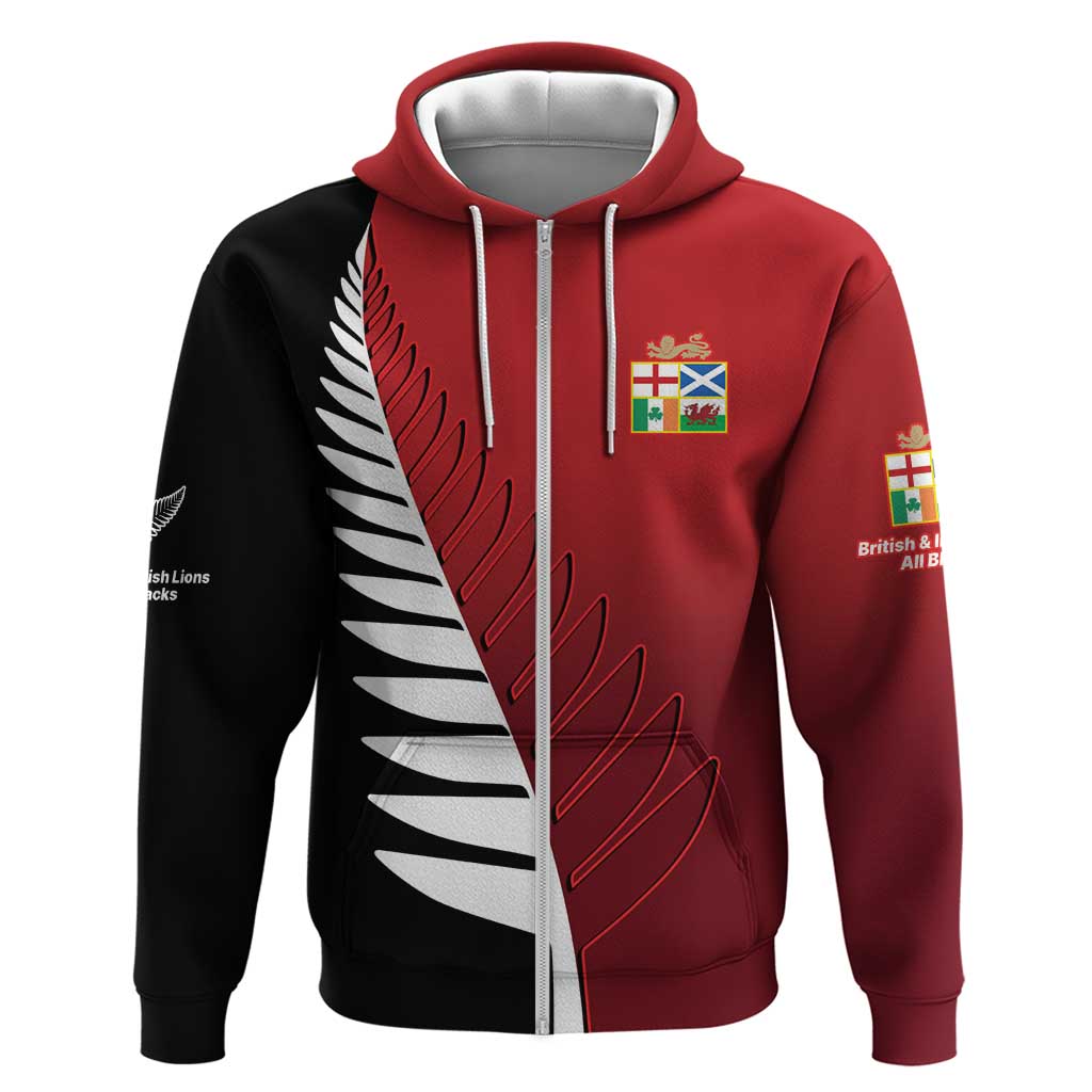 Custom British Lions New Zealand Zip Hoodie Half Black Fern LT9 Zip Hoodie Red - Polynesian Pride