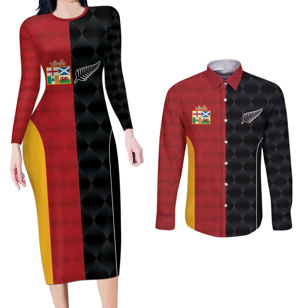 Custom British Lions New Zealand Couples Matching Long Sleeve Bodycon Dress and Long Sleeve Button Shirt Sporty Style