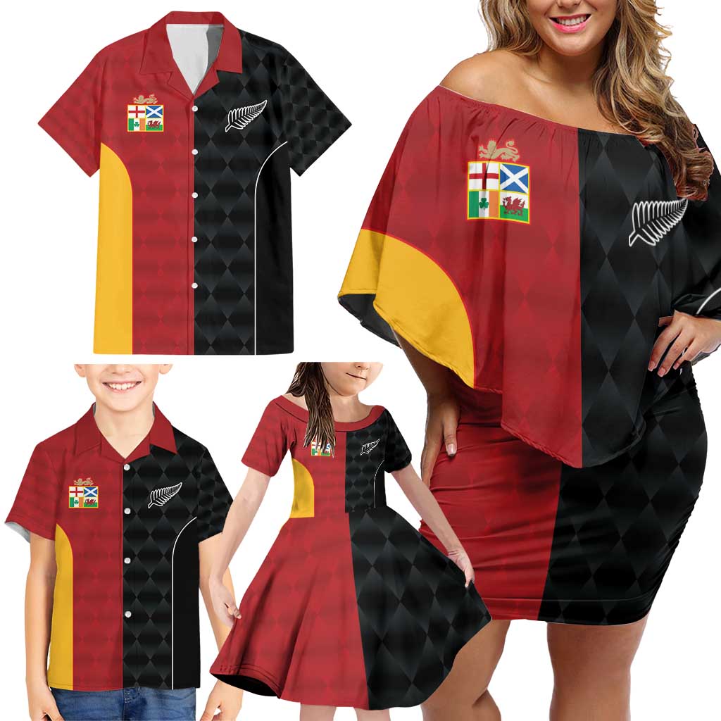 Custom British Lions New Zealand Family Matching Off Shoulder Short Dress and Hawaiian Shirt Sporty Style