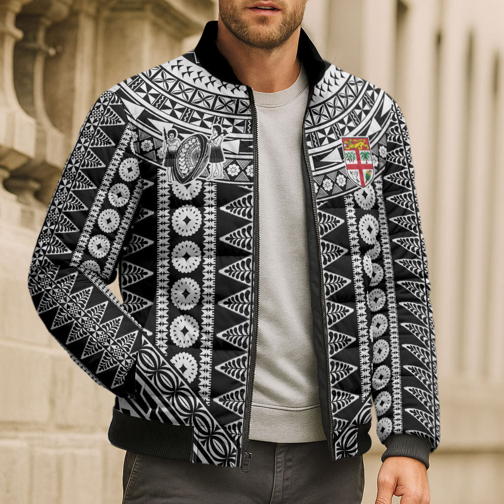 Fiji Custom Rugby National Heritage Bomber Puffer Jacket Black Traditional Masi Inspired