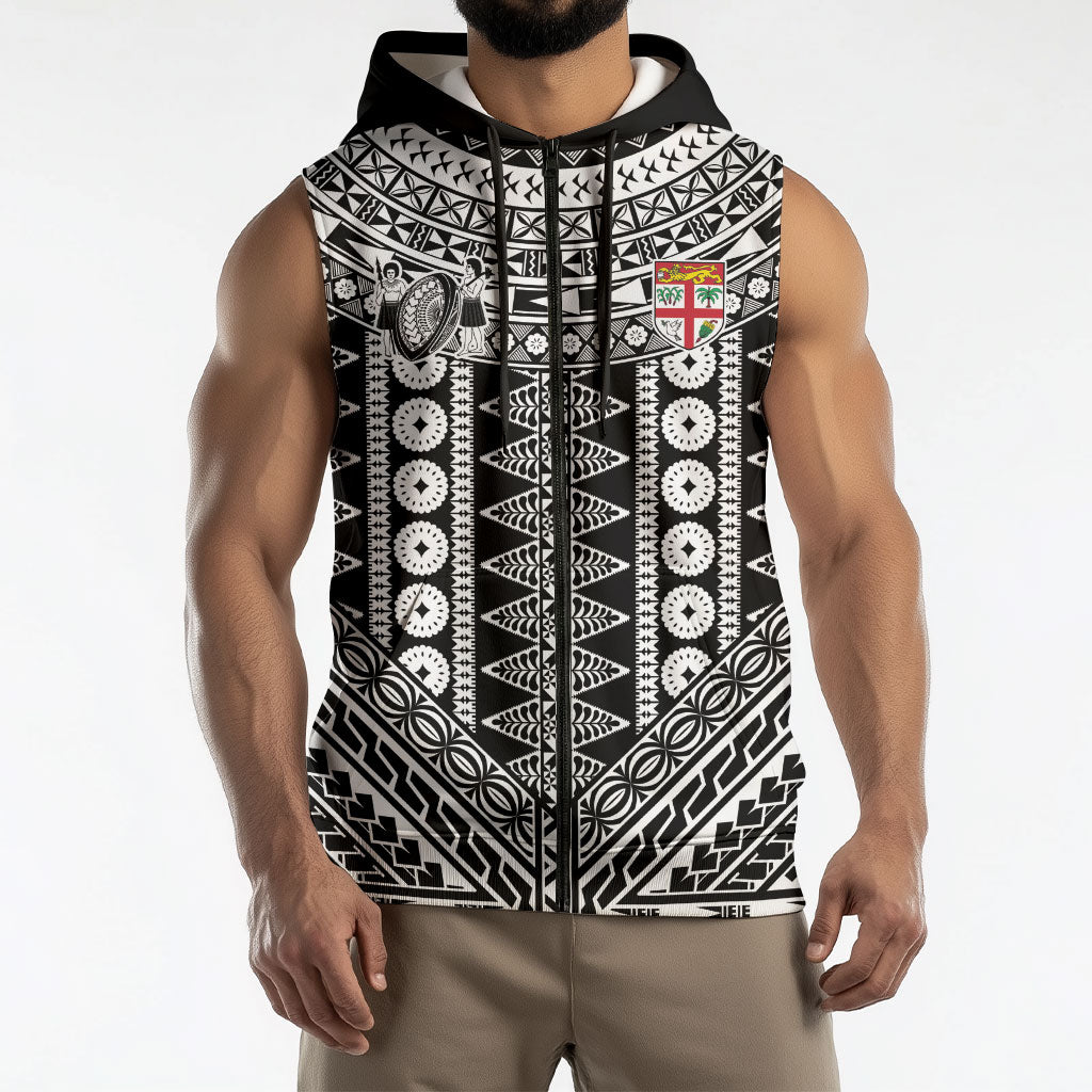 Fiji Custom Rugby National Heritage Sleeveless Zip Hoodie Black Traditional Masi Inspired