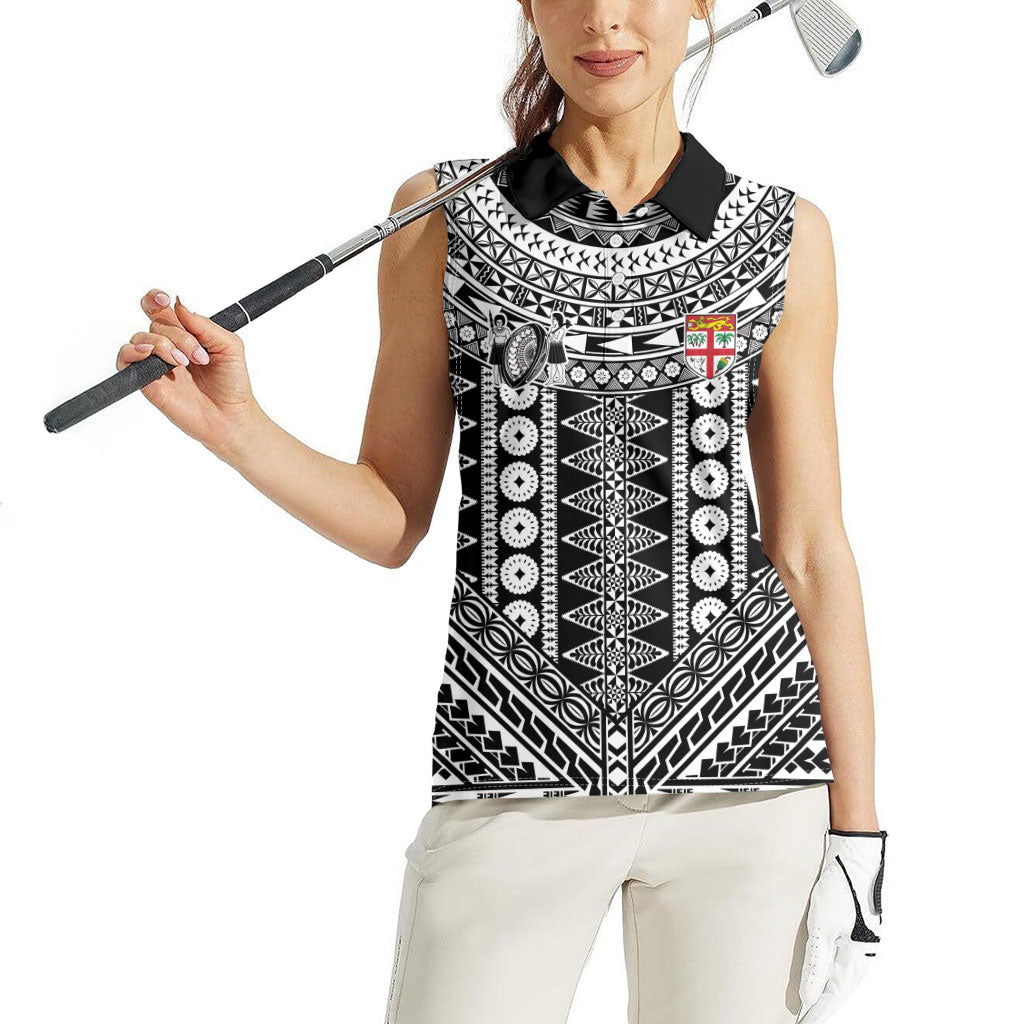 Fiji Custom Rugby National Heritage Women Sleeveless Polo Shirt Black Traditional Masi Inspired