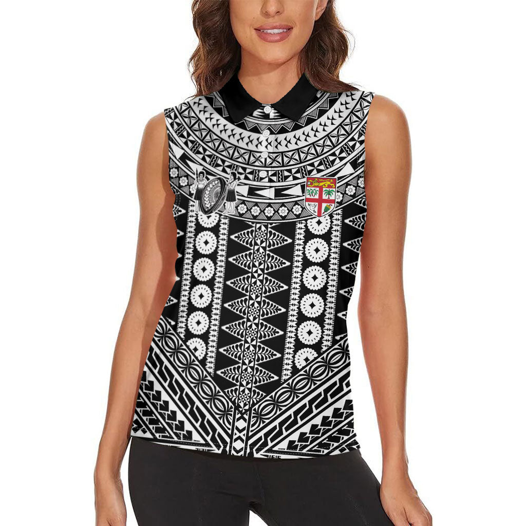 Fiji Custom Rugby National Heritage Women Sleeveless Polo Shirt Black Traditional Masi Inspired