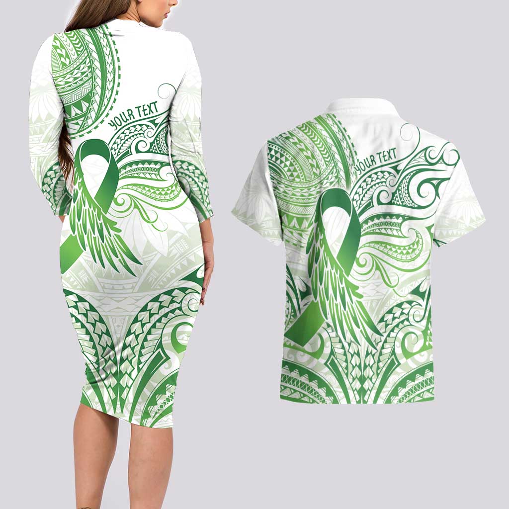 Its Okay Green Ribbon Personalised Couples Matching Long Sleeve Bodycon Dress and Hawaiian Shirt Polynesian Depression Awareness