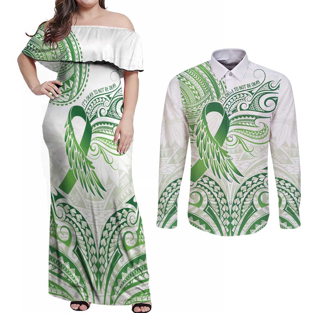 Its Okay Green Ribbon Personalised Couples Matching Off Shoulder Maxi Dress and Long Sleeve Button Shirt Polynesian Depression Awareness