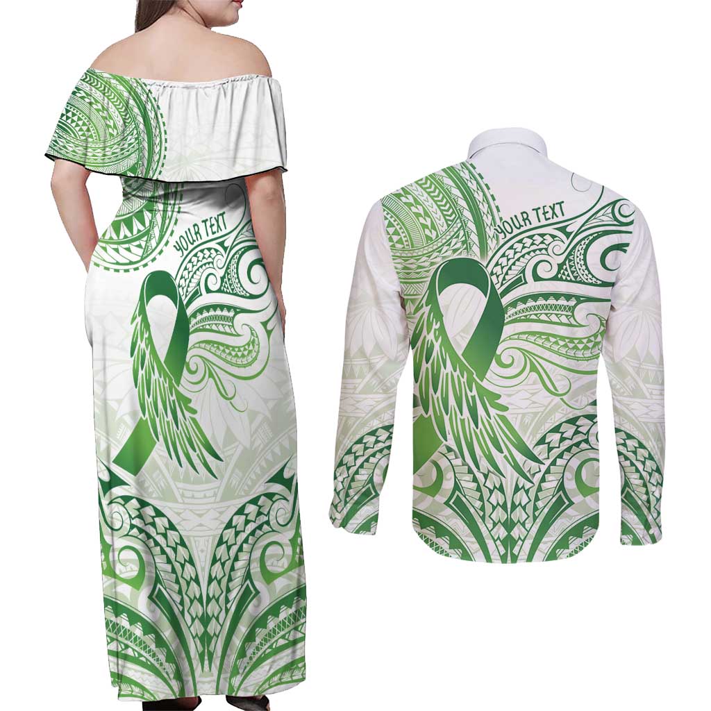 Its Okay Green Ribbon Personalised Couples Matching Off Shoulder Maxi Dress and Long Sleeve Button Shirt Polynesian Depression Awareness