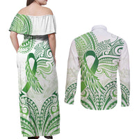 Its Okay Green Ribbon Personalised Couples Matching Off Shoulder Maxi Dress and Long Sleeve Button Shirt Polynesian Depression Awareness
