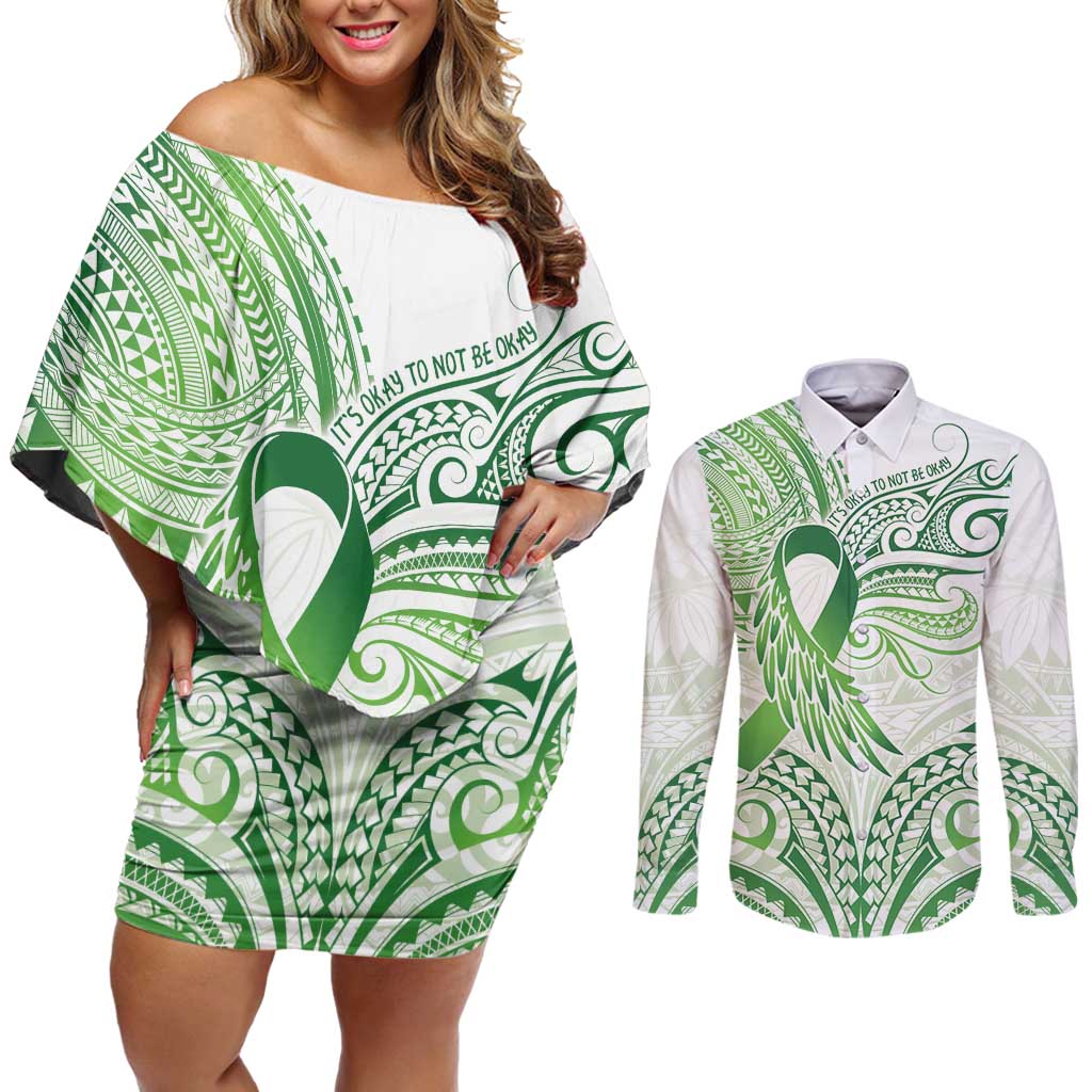 Its Okay Green Ribbon Personalised Couples Matching Off Shoulder Short Dress and Long Sleeve Button Shirt Polynesian Depression Awareness