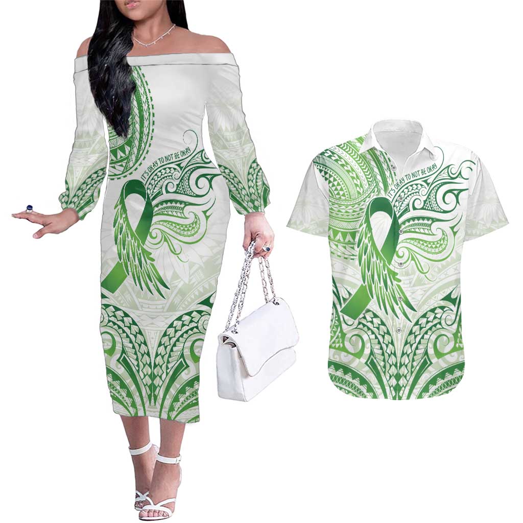 Its Okay Green Ribbon Personalised Couples Matching Off The Shoulder Long Sleeve Dress and Hawaiian Shirt Polynesian Depression Awareness